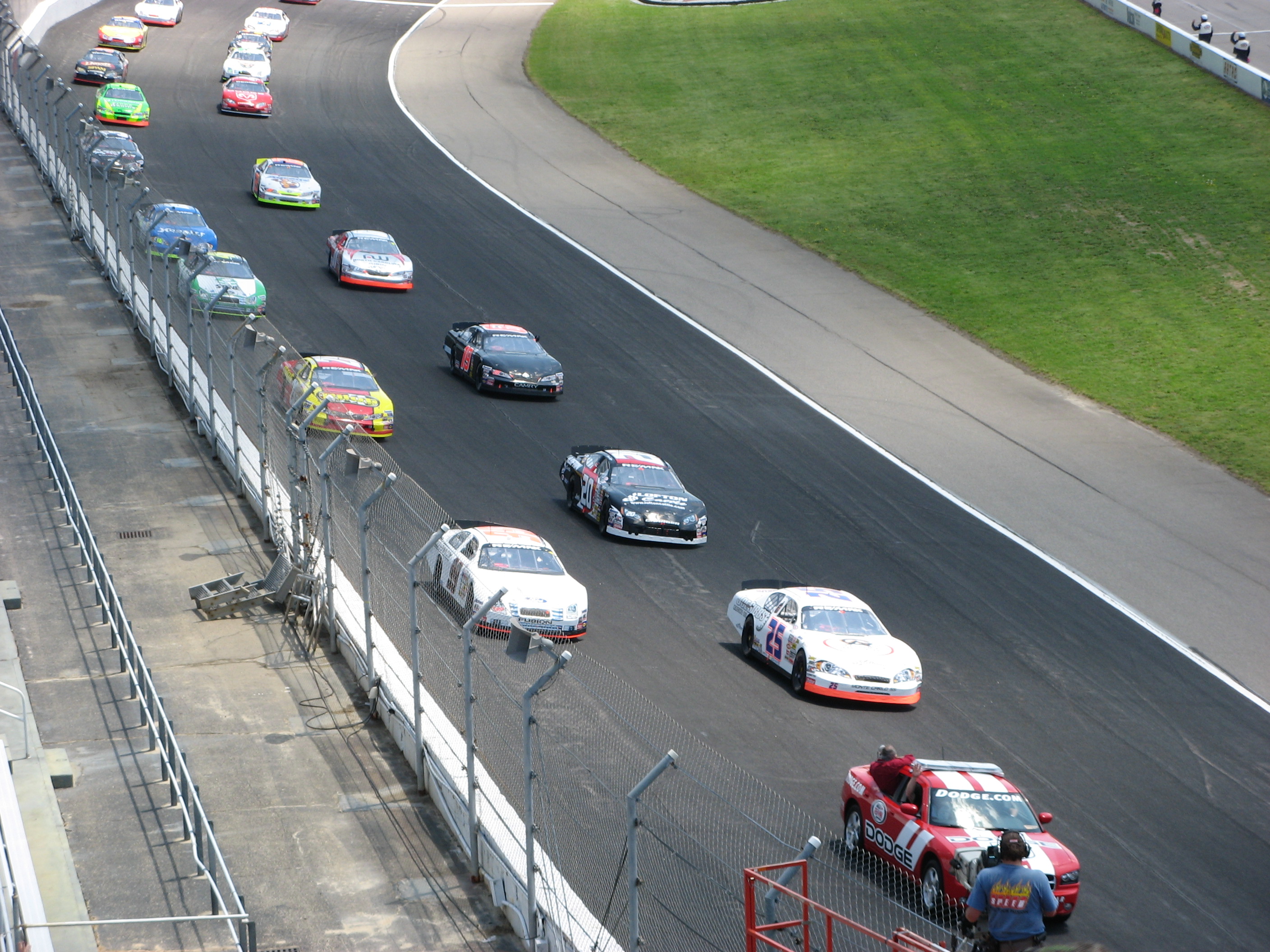Joey Logano leads the field on the pace lap at Rockingham for the May 4th, 2008 Carolina…