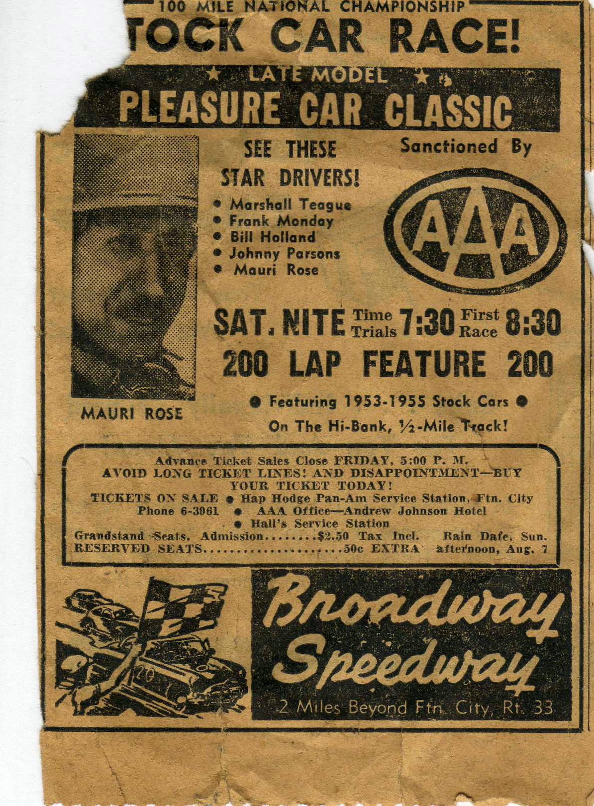 Newspaper ad for a Stock car race in Tennessee at the Broadway Speedway. Titled” Pleasure…