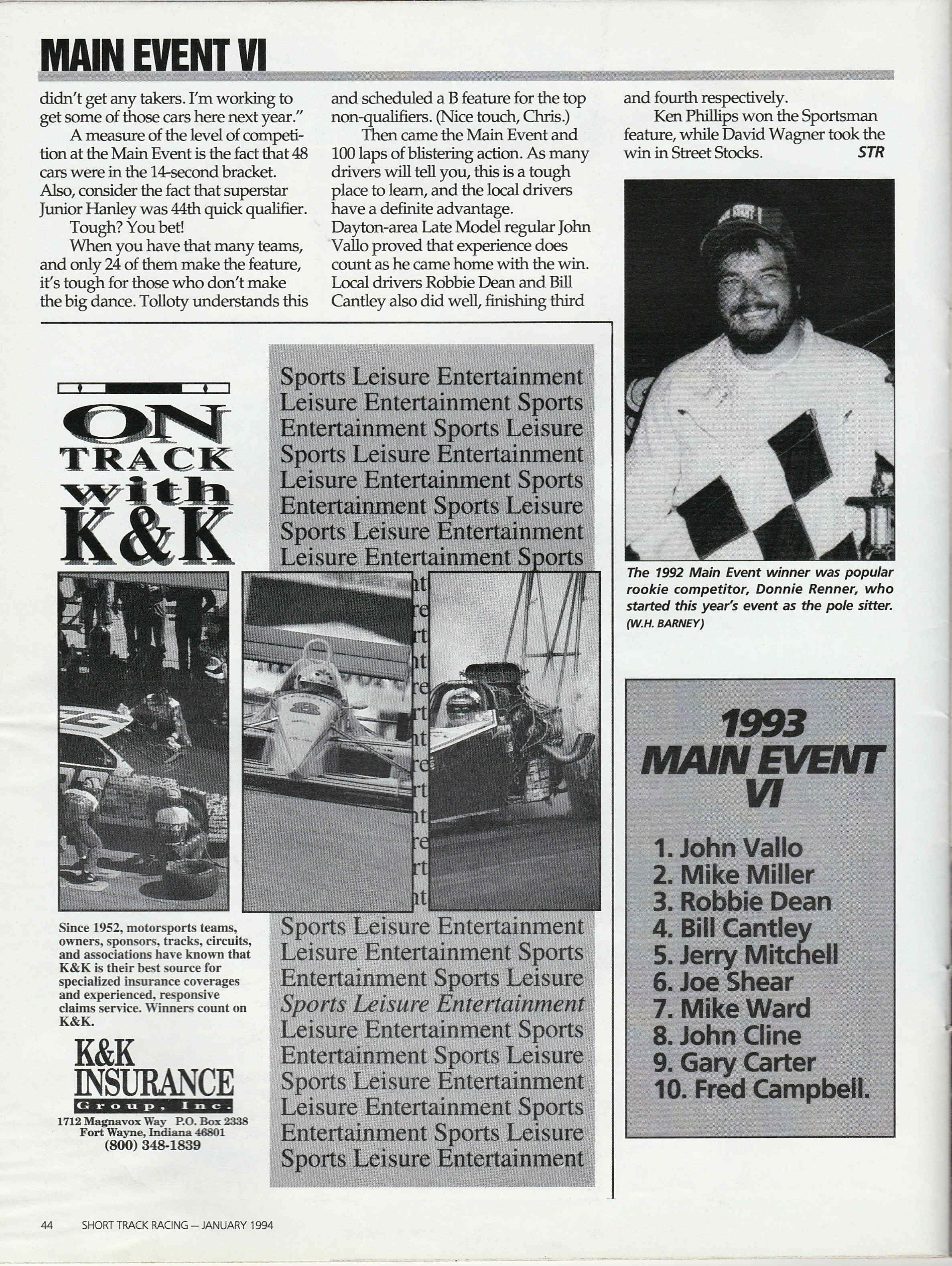 Short Track Racing Magazine Cover, Page 44, Jan 1994