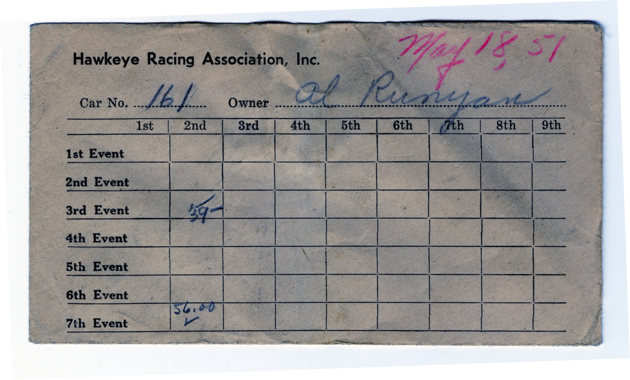 Hawkeye Racing Association payout envelope, May 18, 1951