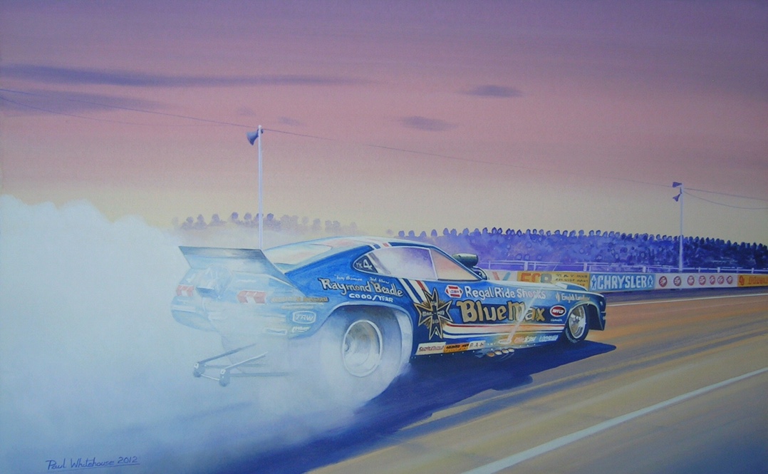 blue max funny car burnout at santa pod art