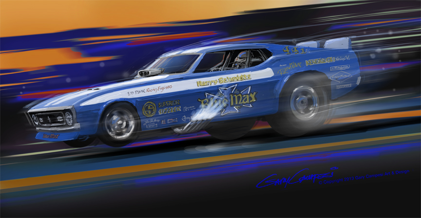 blue max mustang funny car art