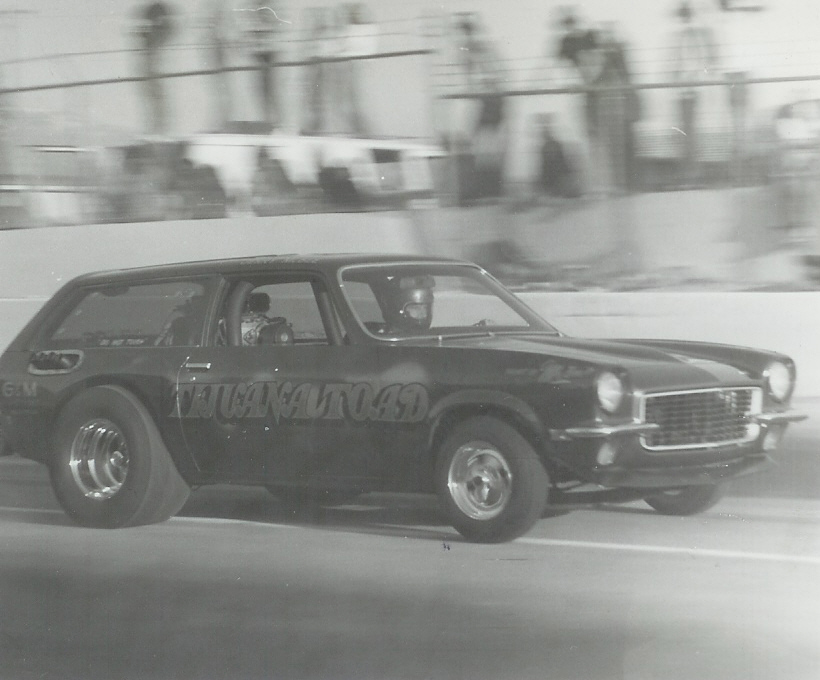 Jerry McBee’s “Tijuana Toad” ’73 Vega wagon wheelstander at Bonneville Raceway in about 1978