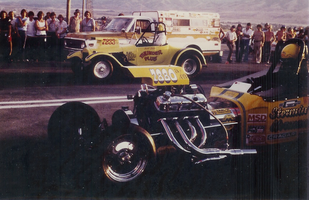Bill Spens’ “Thunder Plus” and “Stormin’ Mormon” Neil at Bonneville Raceway in about 1978