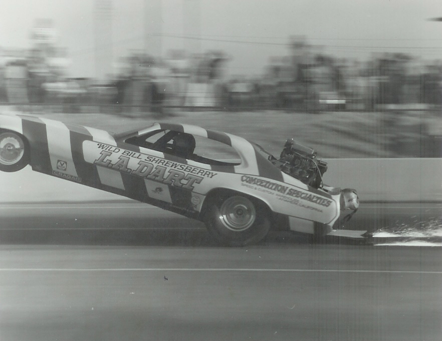 Bill Shrewsberry’s “L.A. Dart” wheelstander at Bonneville Raceway in about 1978