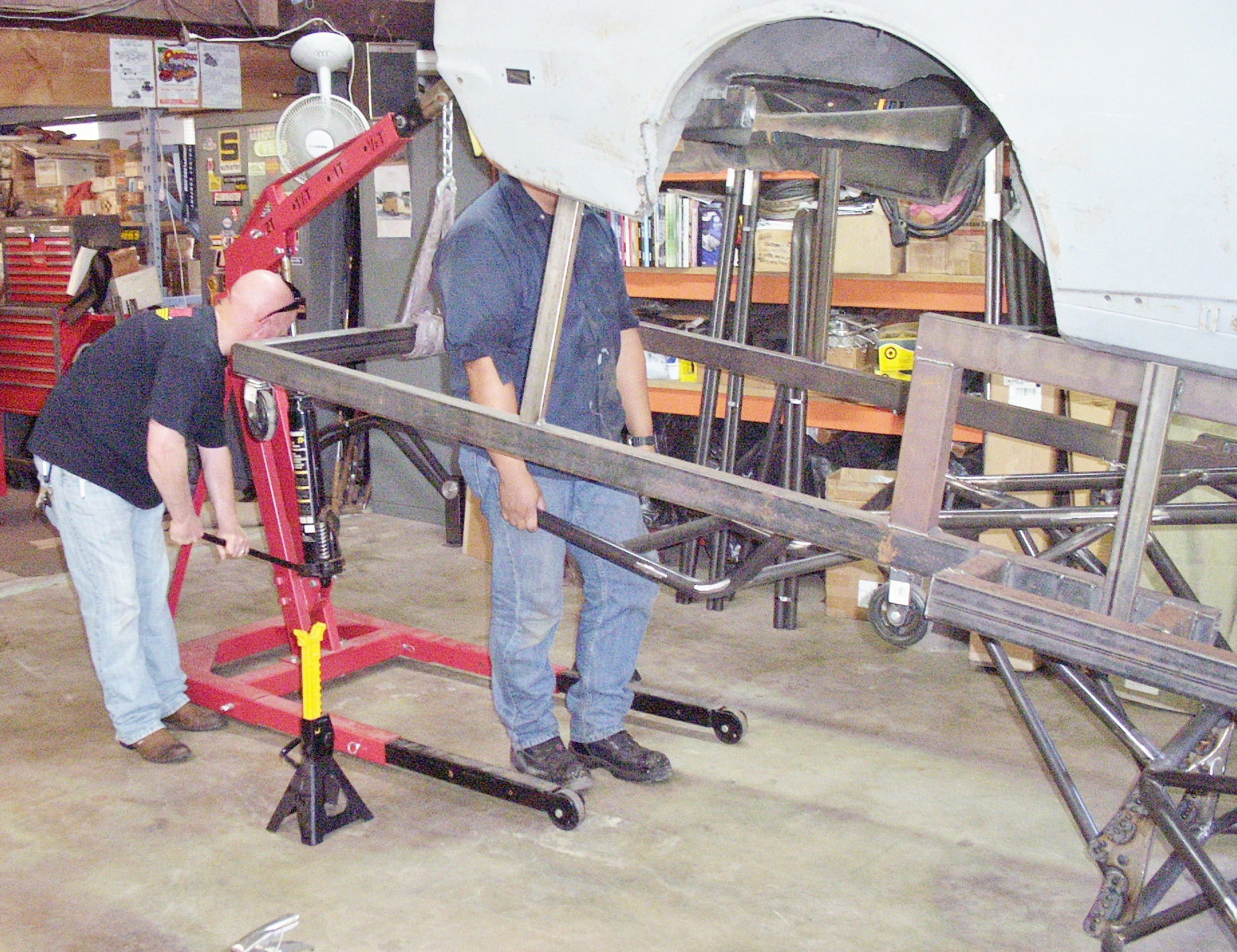 Fitting Back Half UNDER Camaro, then lowering Camaro–worked out good– allot better than…