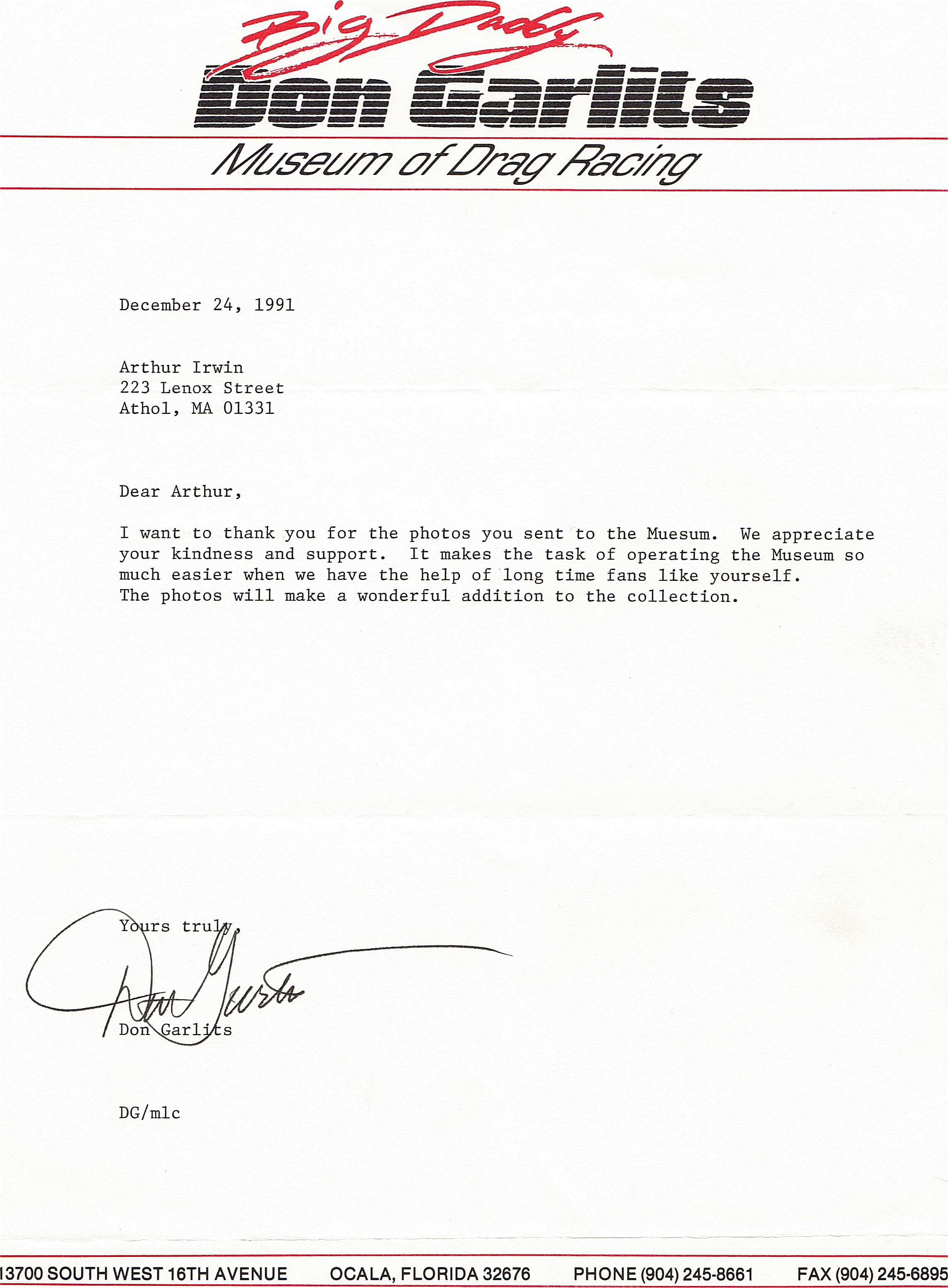 Garlits Museun letter