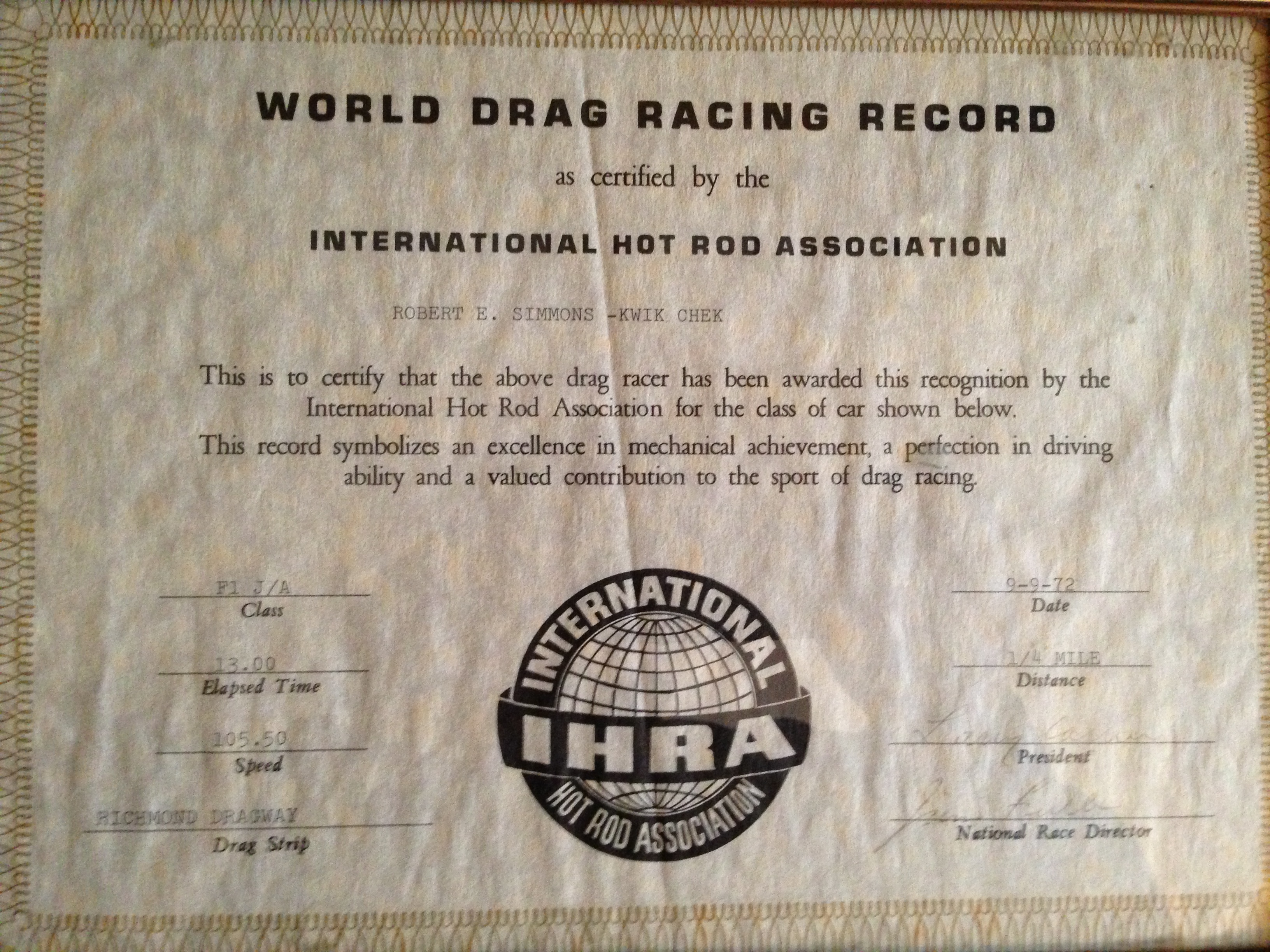IHRA Record Robert Simmons Kwik-Chek ’57 Chevy