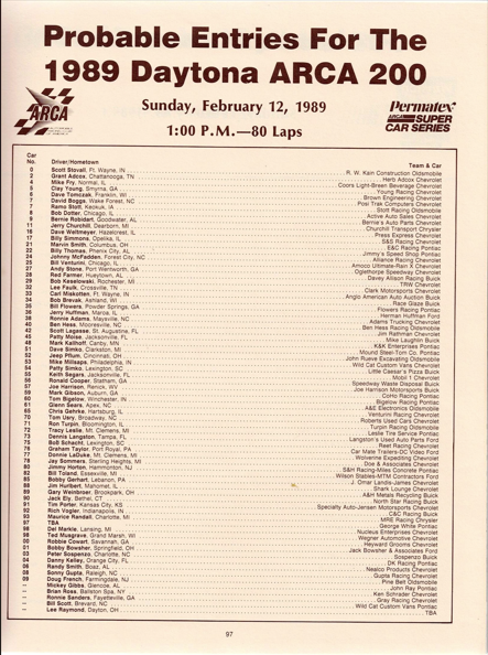 Probable entries for the 1989 daytona ARCA 200