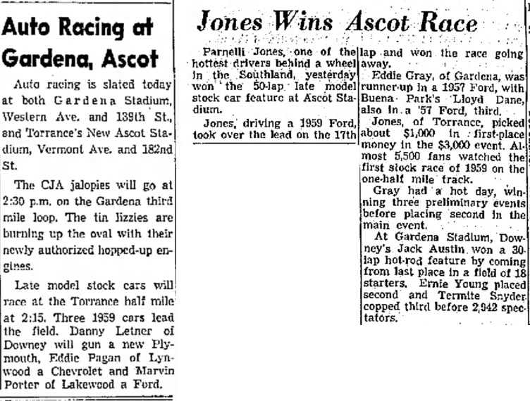 February 1, 1959 50 lap NASCAR Pacific Coast late model race 1. Parnelli Jones 2. Eddie…