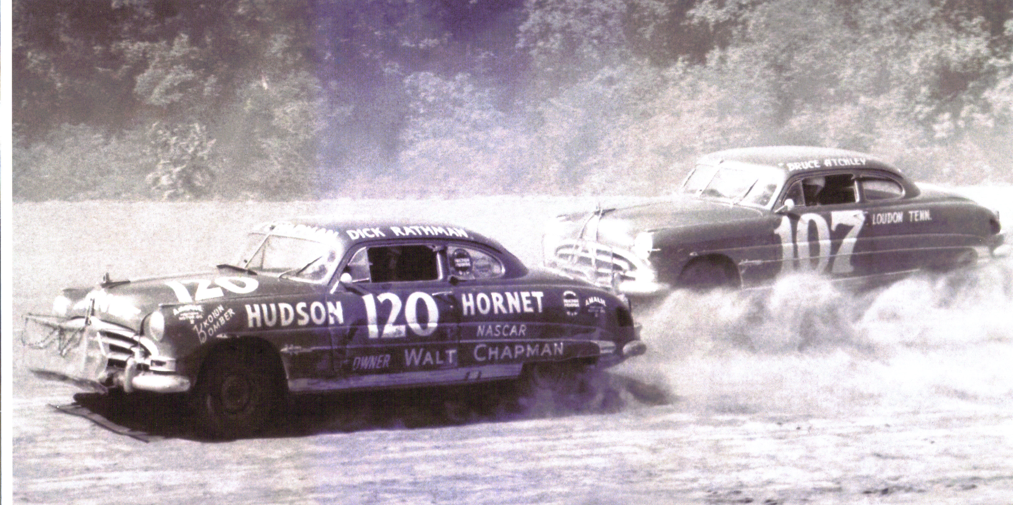 #120 Dick Rathman & #107 Bruce Atchley at Occoneechee Speedway on June 8, 1952