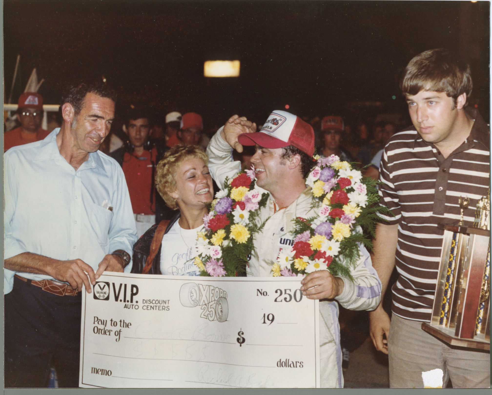 Dick Barhe, Kathy Bodine and Geoff in Victory Lane after winning in Zervakis #99