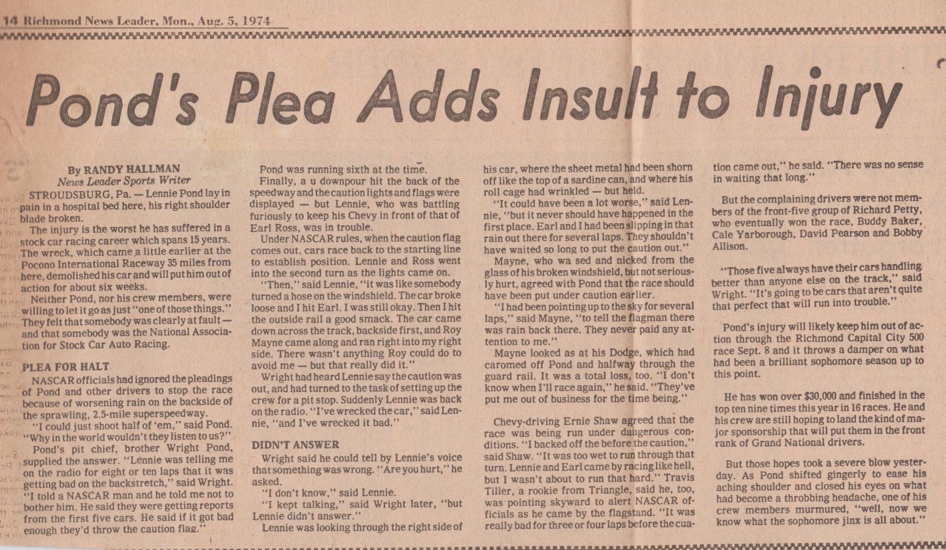 RICHMOND NEWS LEADER,MON.,AUG.5,1974 POND’S PLEA ADDS INSULT TO INJURY 001