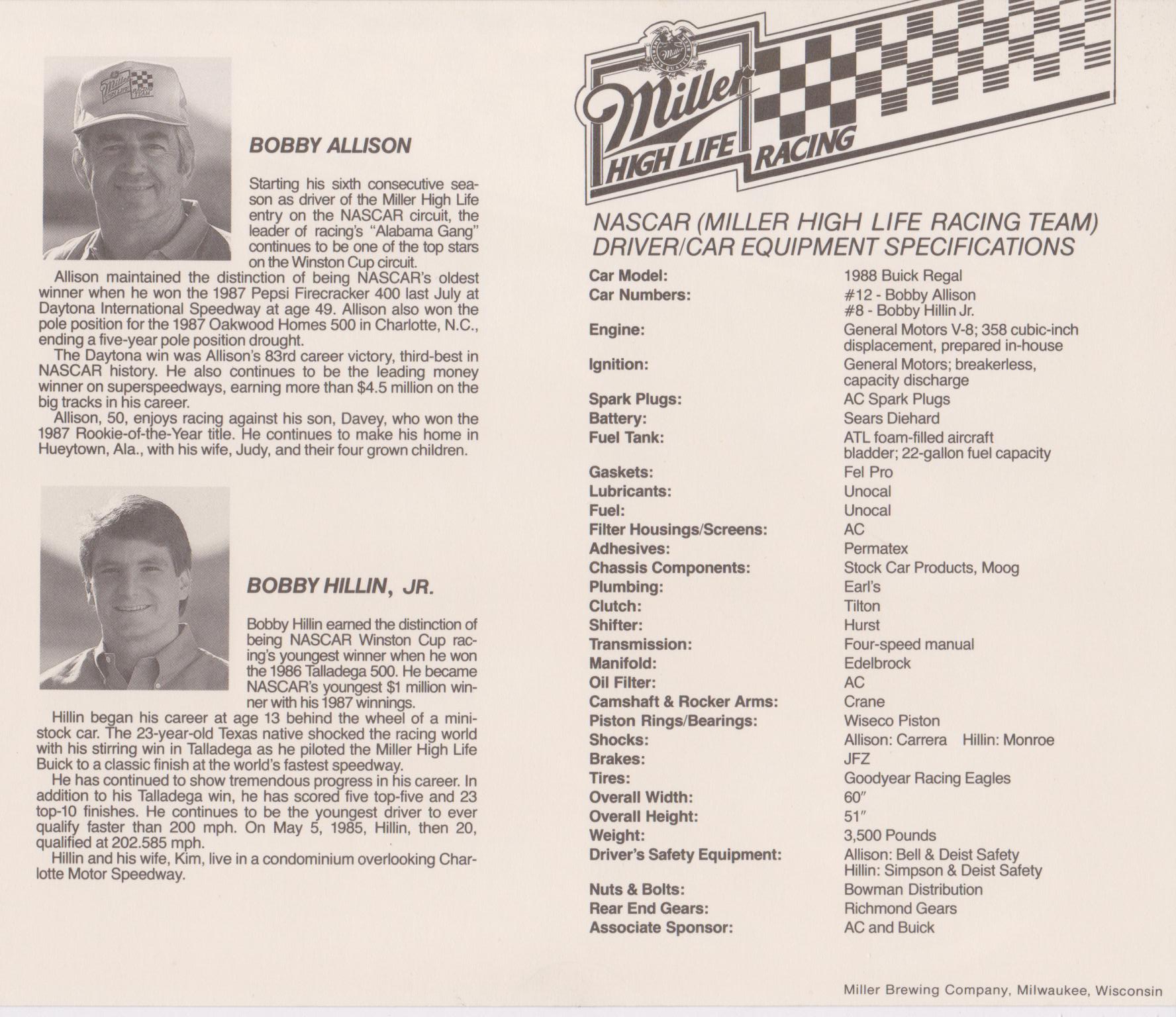 #12 BOBBY ALLISON,#8 BOBBY HILLIN,JR., MILLER HIGH LIFE RACING BUICK,1988 NASCAR WINSTON CUP 002