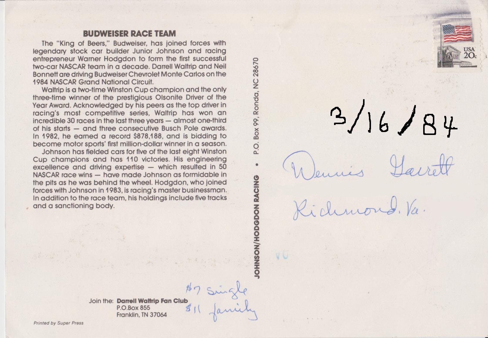 DARRELL WALTRIP #11 BUDWEISER CHEVY 1984 POST CARD 002A (BACK)