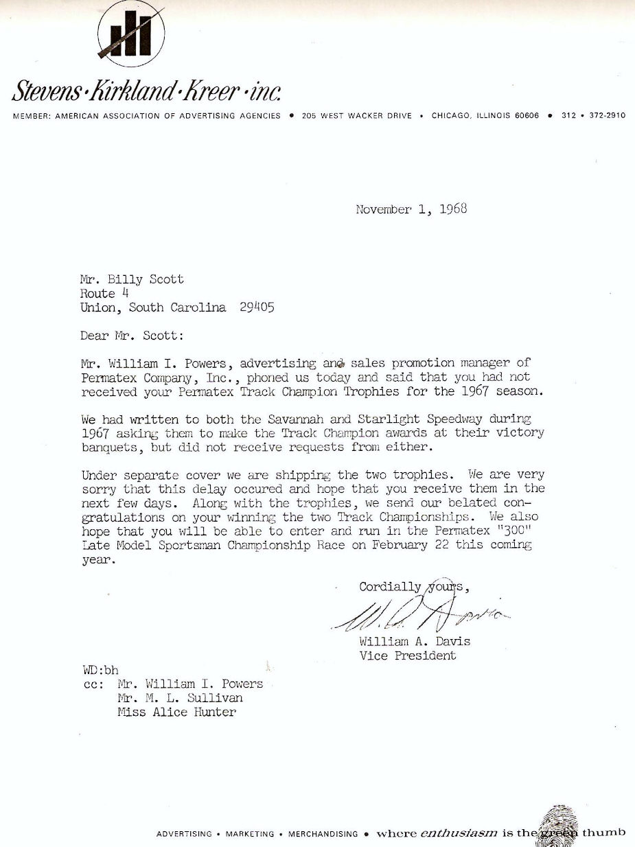 Letter to Billy Scott from Permatex Company
