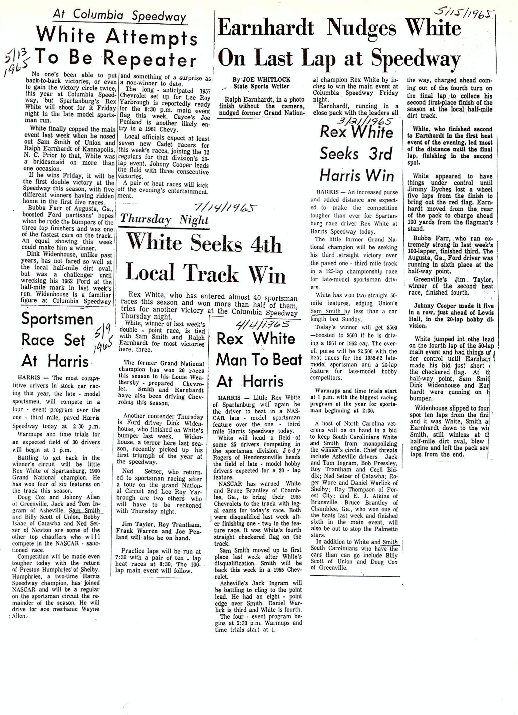 Rex White Dominates the News Articles From Some Tracks 1965