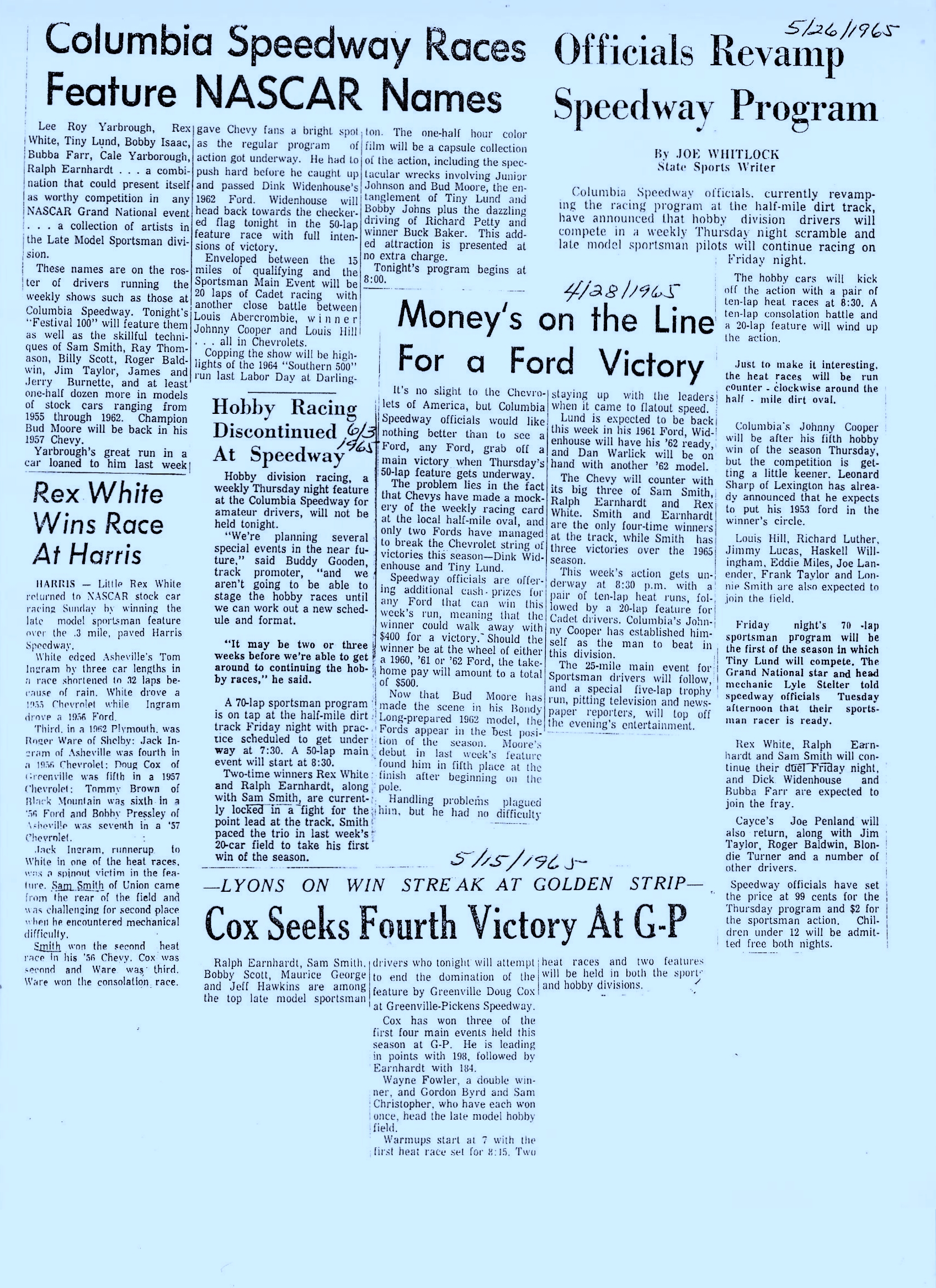 Racing Updates And Rex White Wins Again 1965