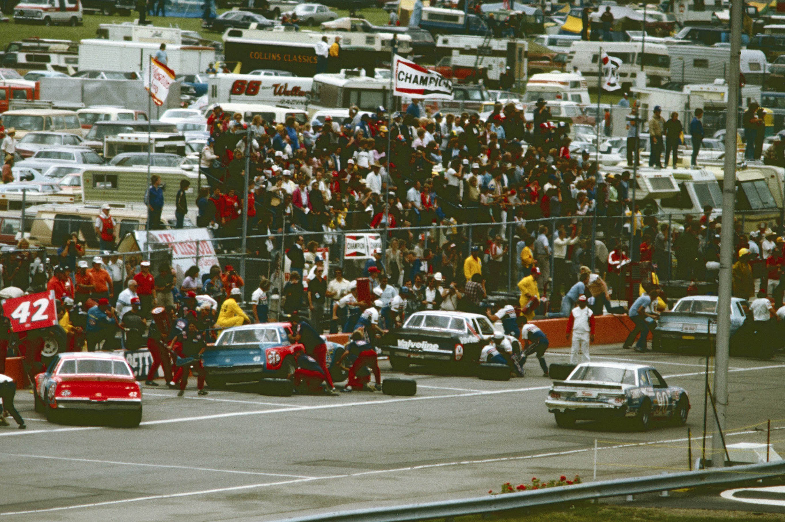 #42 Kyle Petty #43 Richard Petty #90 Jody Ridley 1981 Champion Spark Plug 400 @ Michigan International Speedway.