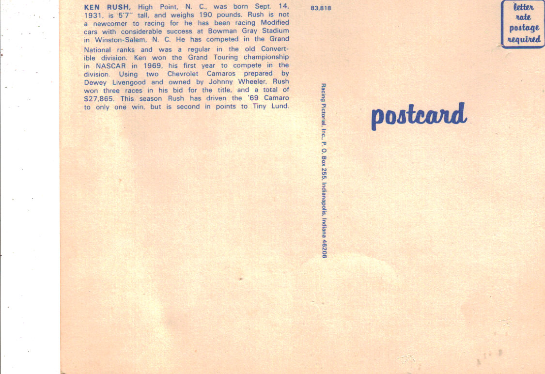 Back of Ken Rush postcard