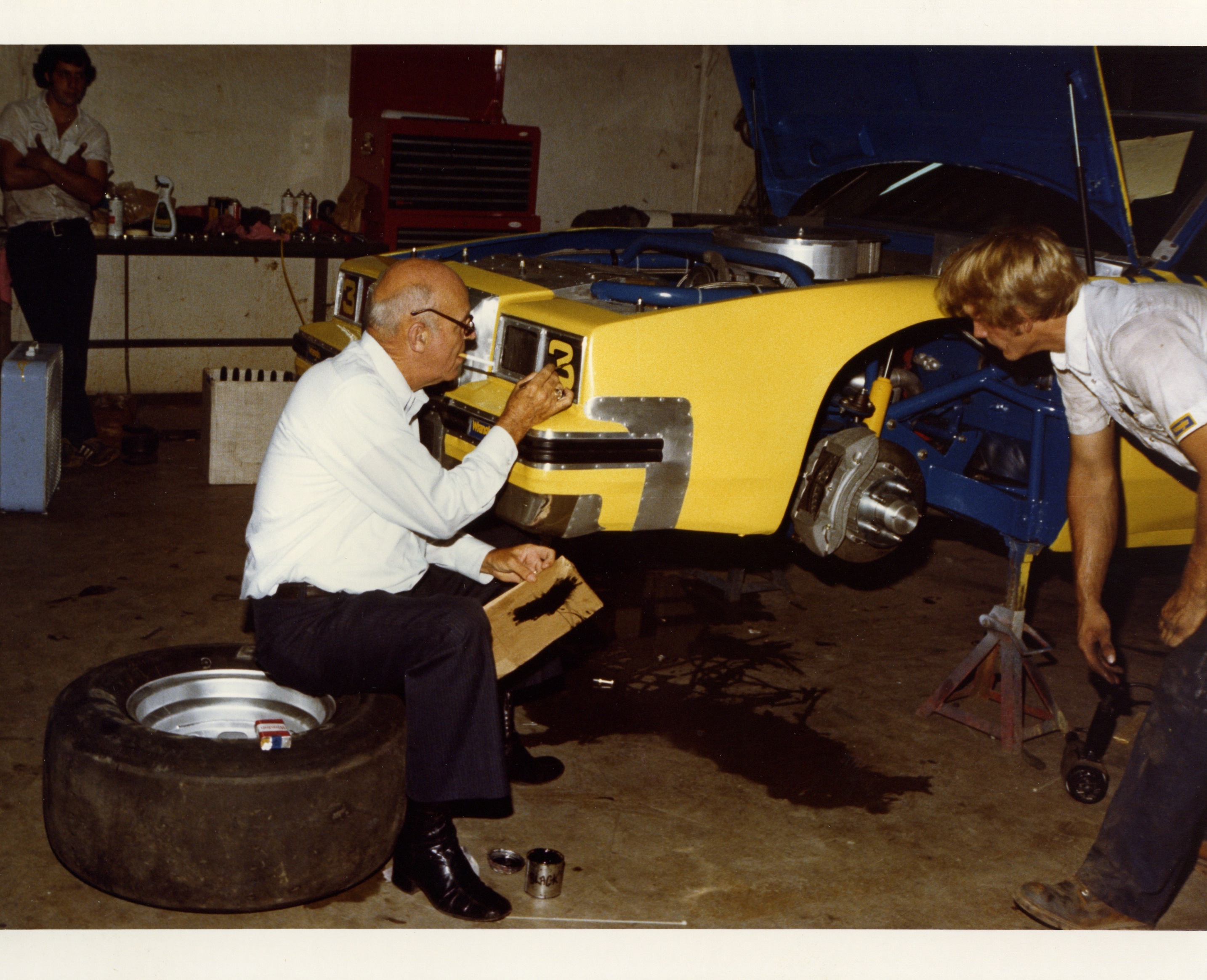 My Dad (Ralph Seagraves) painting the number on Dale Sr. car at the old RCR shop.