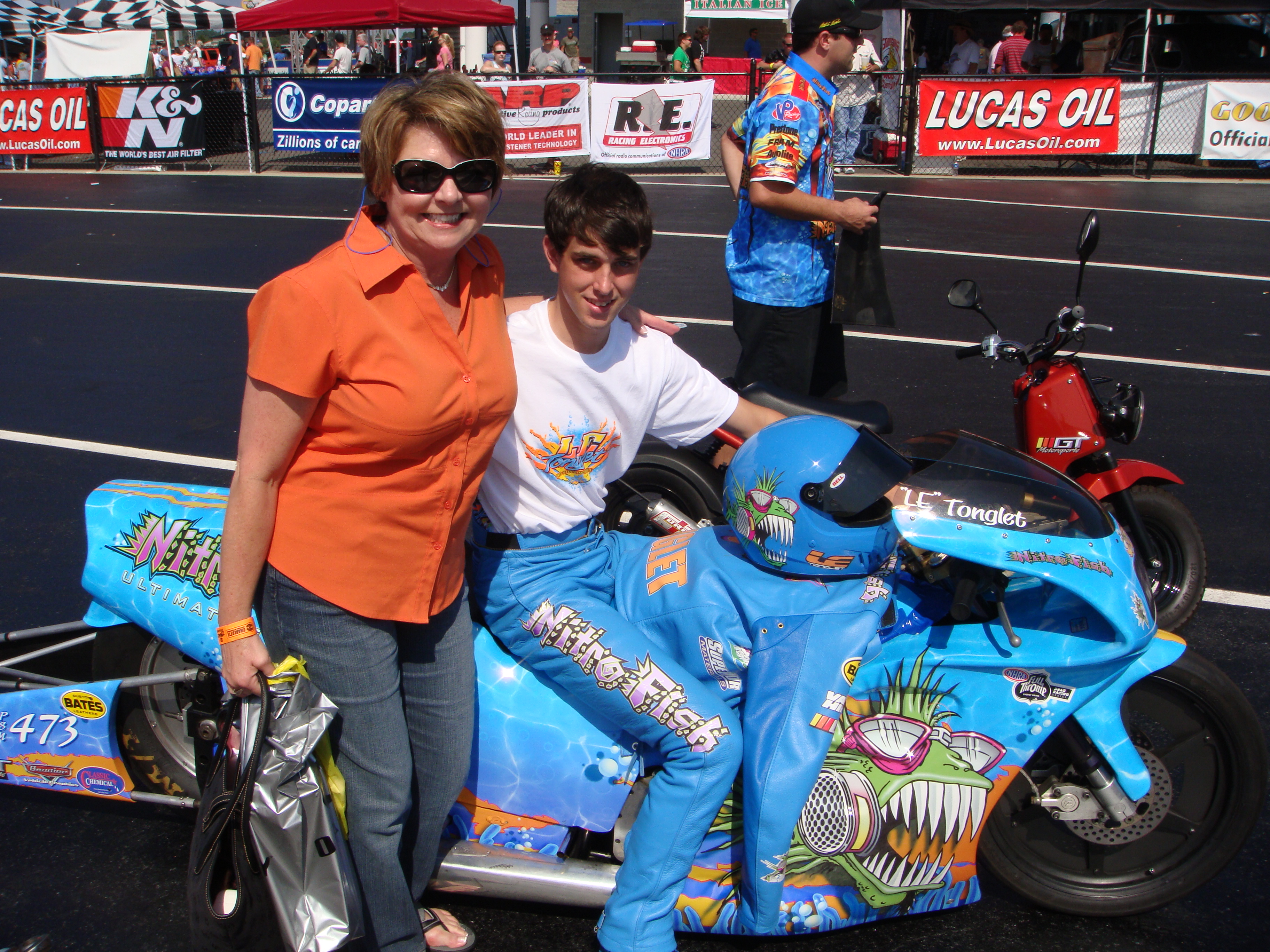 Miss Pam & 2010 NHRA Pro Stock Motorcycle Champion LE Tonglet at zMax Dragway.
